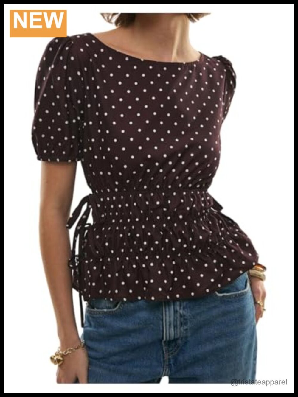 Polka Dot Bow Knot Blouse Ruffle Hem Short Sleeve